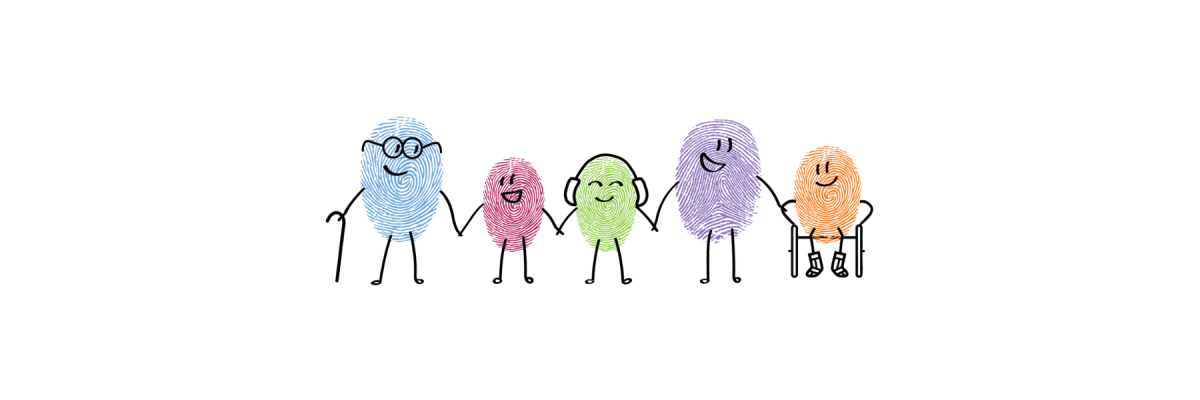A family, each shaped like a unique thumbprint, holding hands.